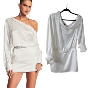 Retrofete Satin Asymmetrical Off Shoulder Cowl Neckline Mini Elio Dress Medium